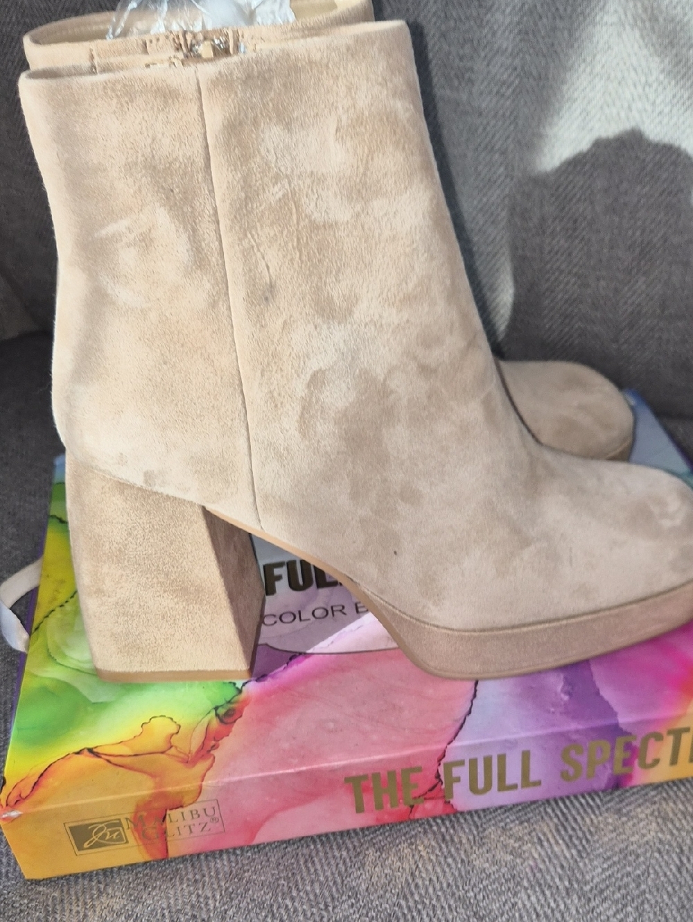 Beige Suede Block Heel Ankle Booties
